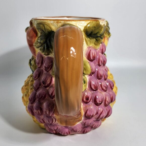 Vintage Ceramic Pitcher With Embossed Fruits Grapes Pineapple Apple Design - Picture 2 of 12